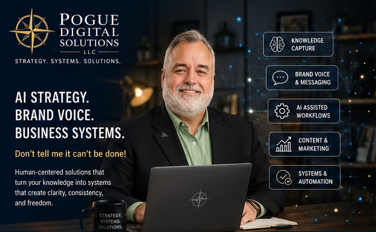 John M Pogue reviewing connected AI strategy, brand voice, and business systems